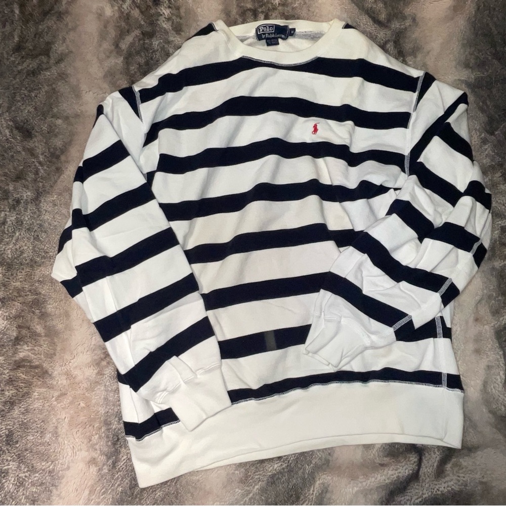 Rare Vintage Polo by Ralph Lauren Men's White and Black Striped Sweater